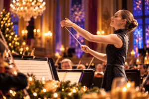 Dirigentin vor einem Orchester in festlicher Konzertkulisse mit warmem Licht und winterlicher Dekoration