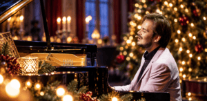 Lukas Meißl am Klavier in einer KI-generierten weihnachtlichen Konzertkulisse mit Kerzenlicht und geschmücktem Weihnachtsbaum