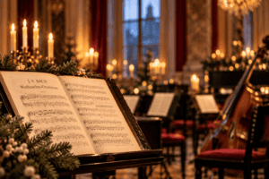 Aufgeschlagene Notenausgabe von Bachs Weihnachtsoratorium mit Kerzen, Tannenzweigen und Streichinstrument in einem festlichen Konzertsaal