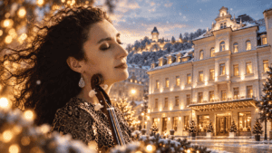 KI-generierte Bildkomposition mit Chouchane Siranossian und dem Hotel Gollner in winterlicher Adventstimmung